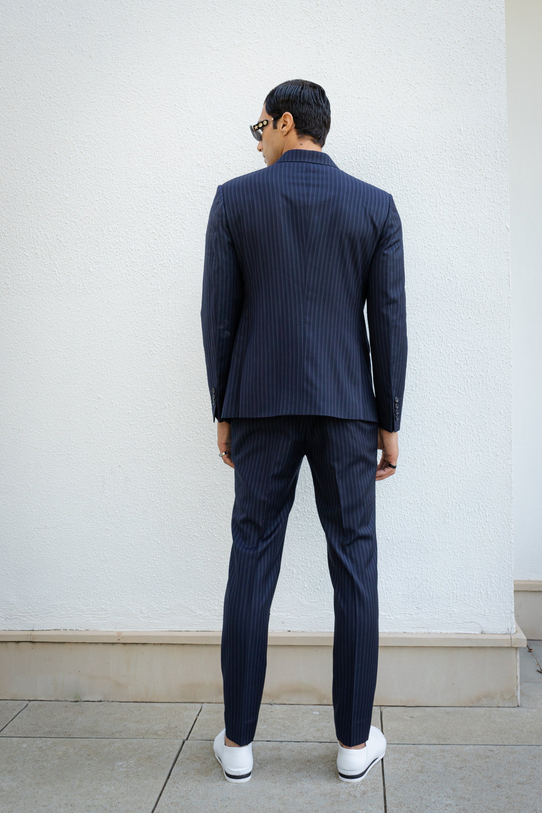 Classic Navy Blue Suit With White Bands.