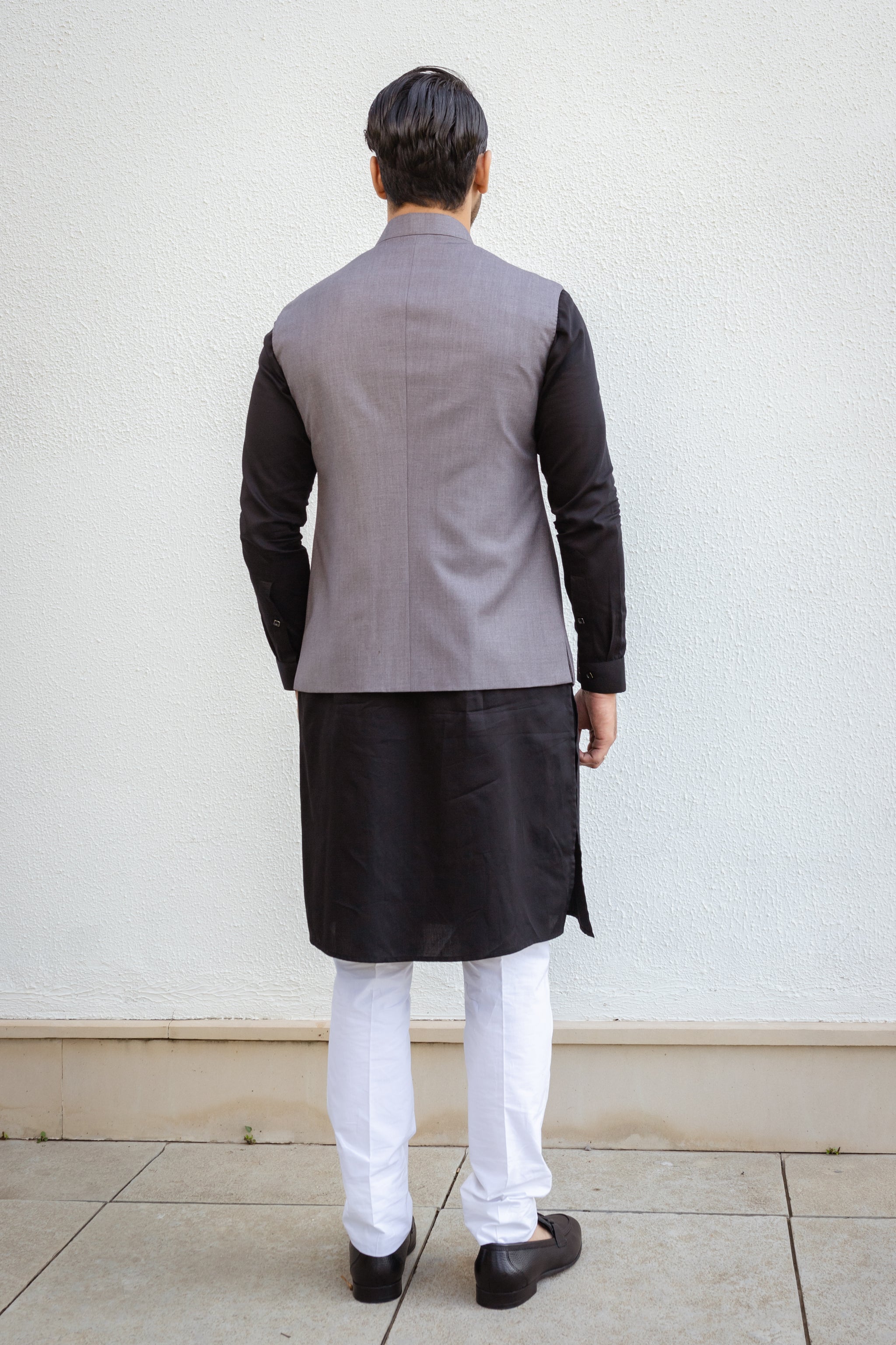 Silver Grey Raw Silk Nehru Jacket With Solid Black Kurta