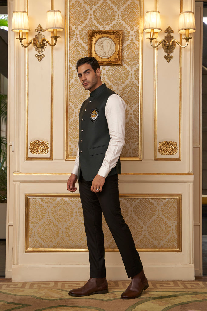 Formal Suit With Modi Jacket Treemoda Mehendi Green Nehru Jacket
