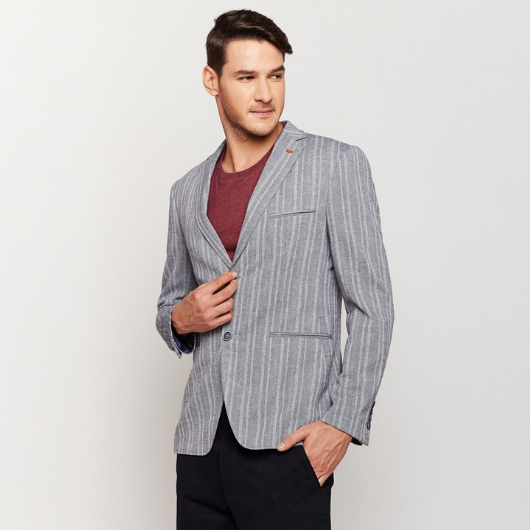 Grey Double Stripes Linen Blazer