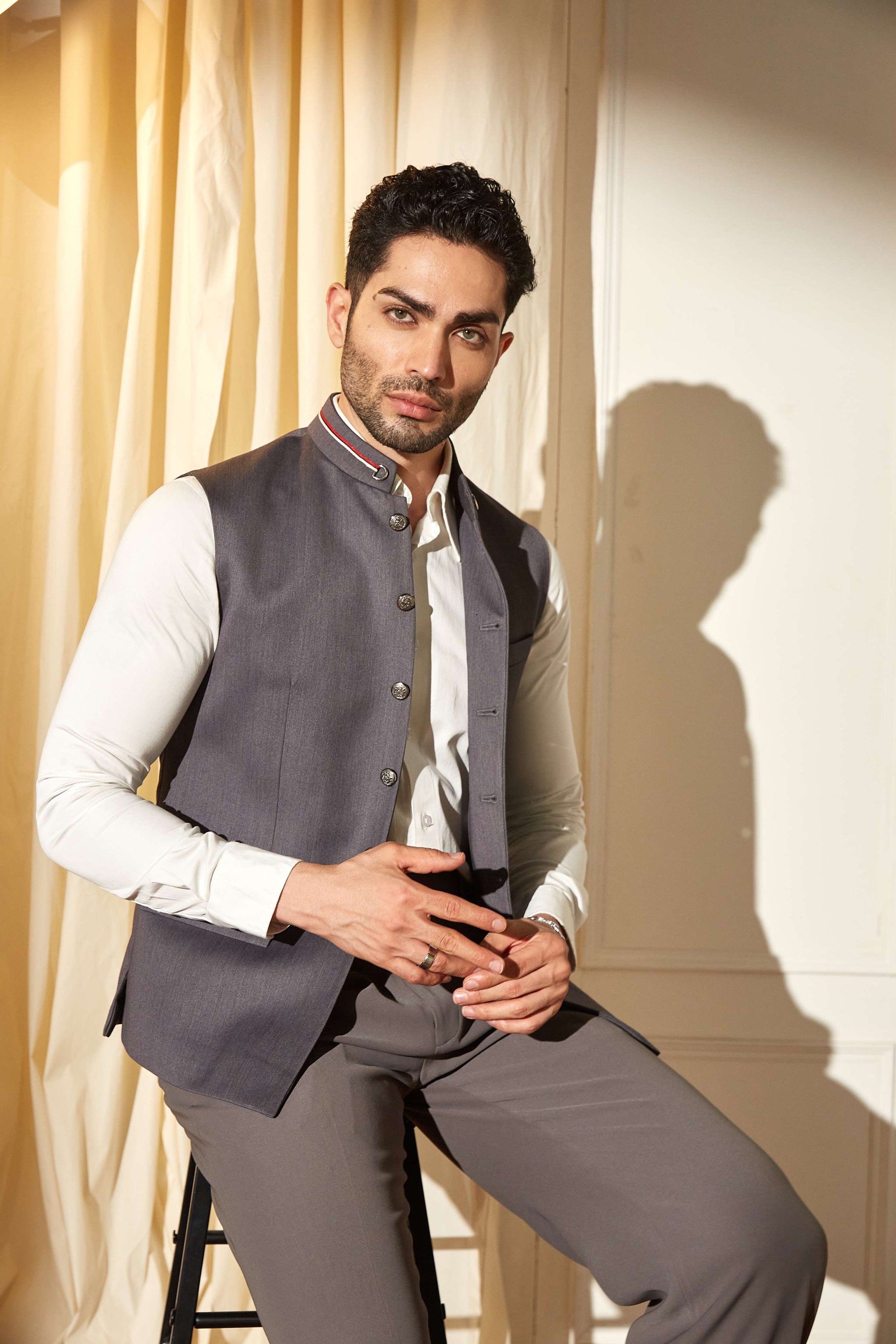 formal dress with nehru jacket Casual Wear With Nehru Jacket Gray Nehru Jacket Kurta Pajama 3pc Set Modi Style Jacket JIHU