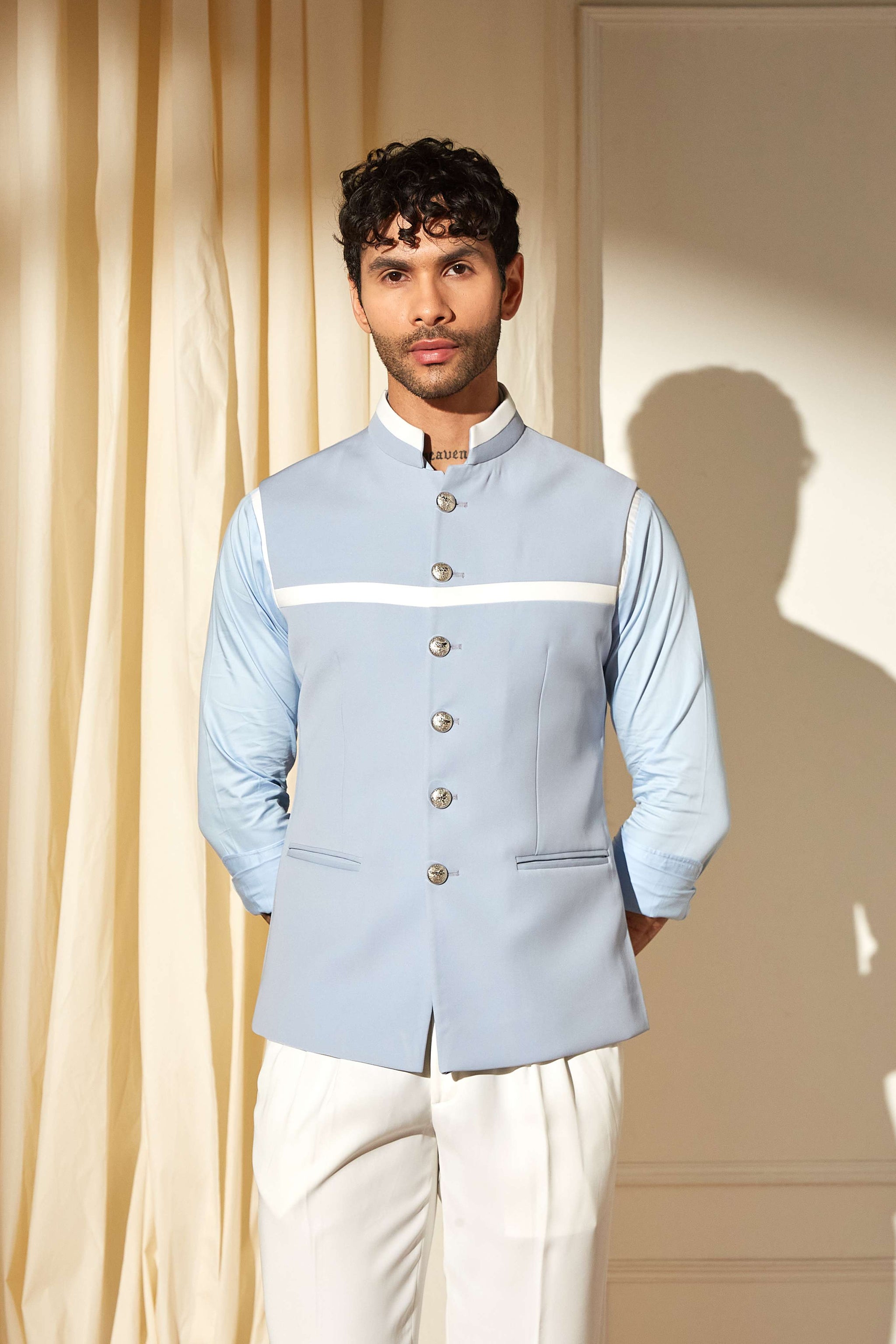 Blue Frost Paneled Nehru Jacket
