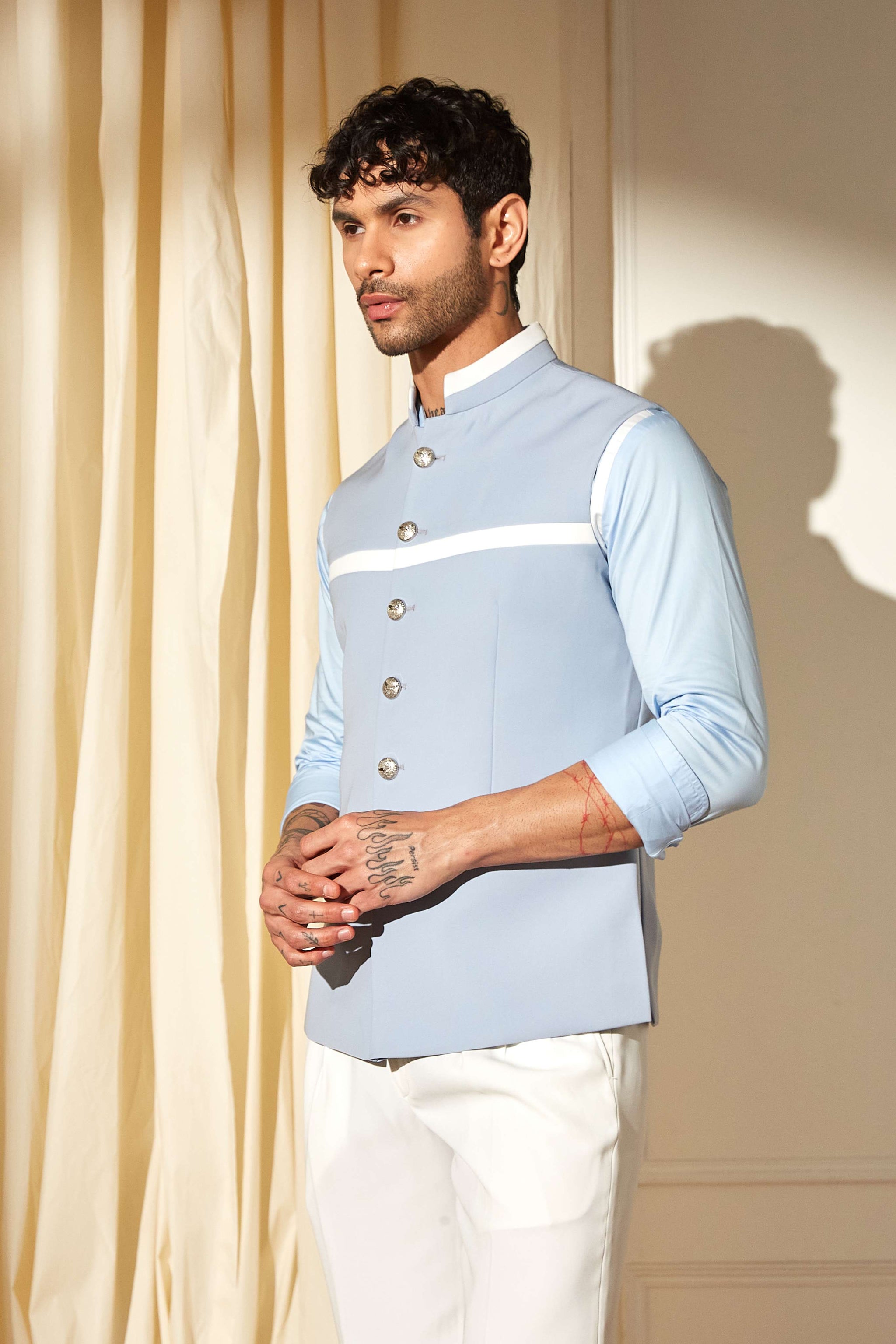 Blue Frost Paneled Nehru Jacket