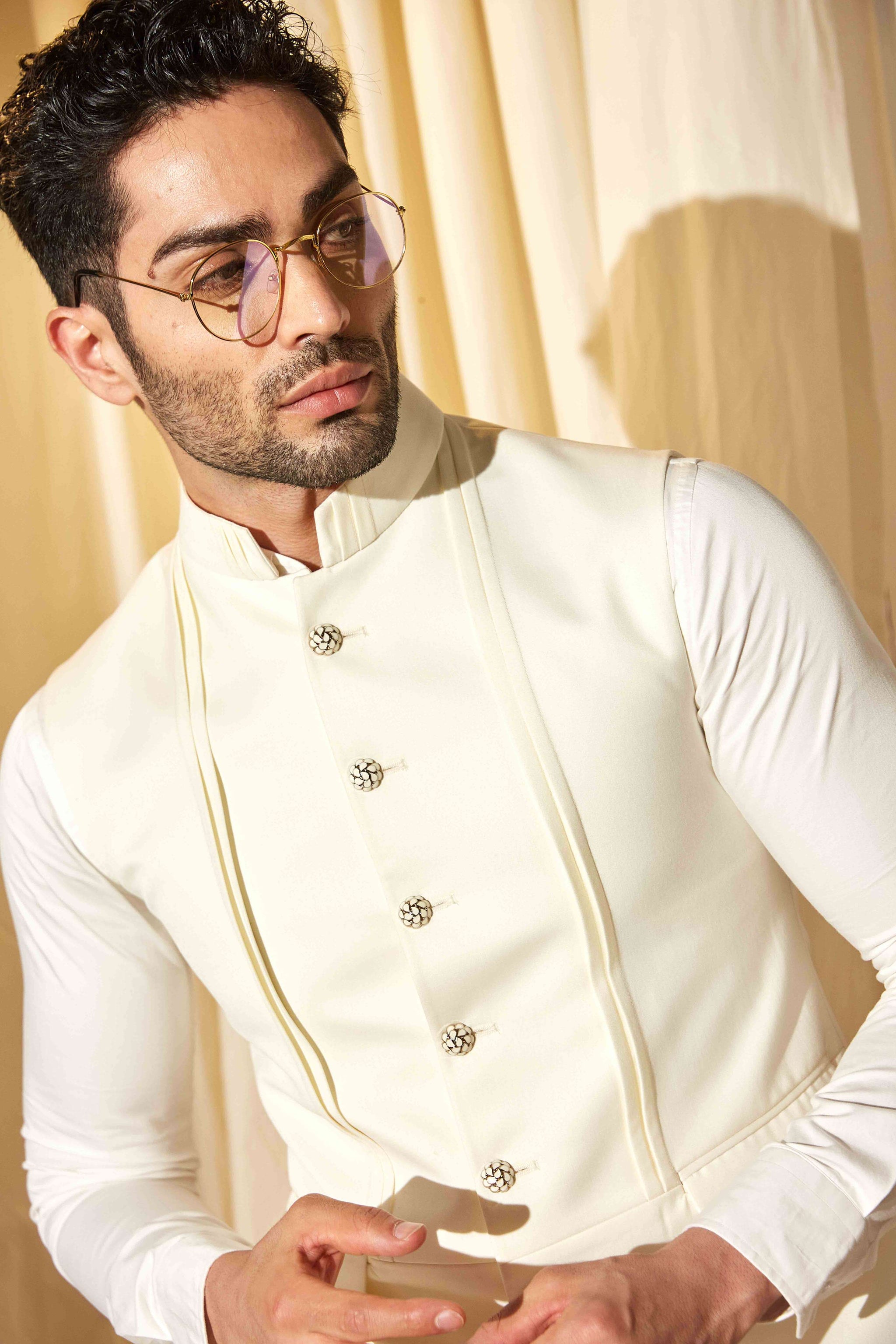 Cream Pintuck Nehru Jacket