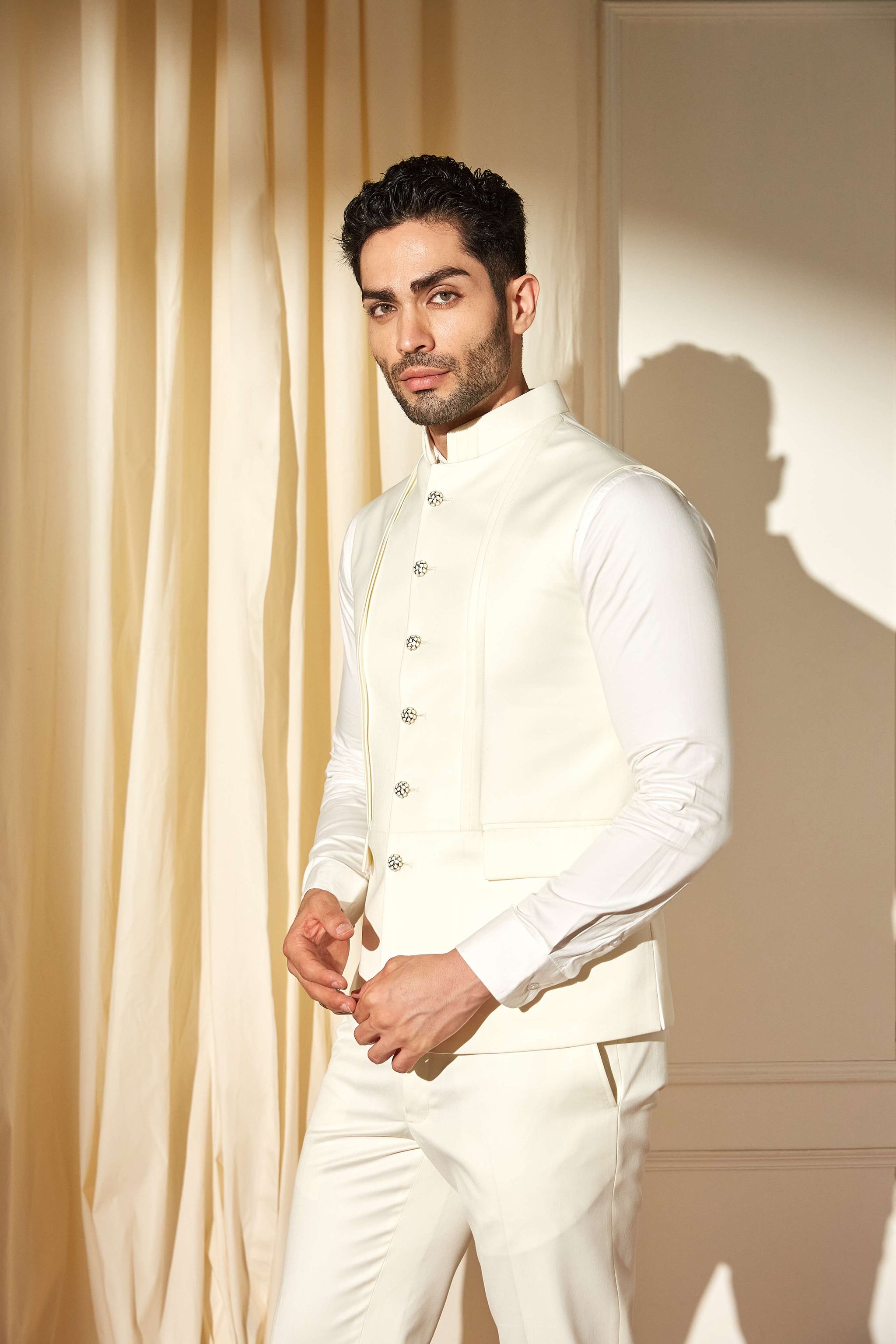 Cream Pintuck Nehru Jacket