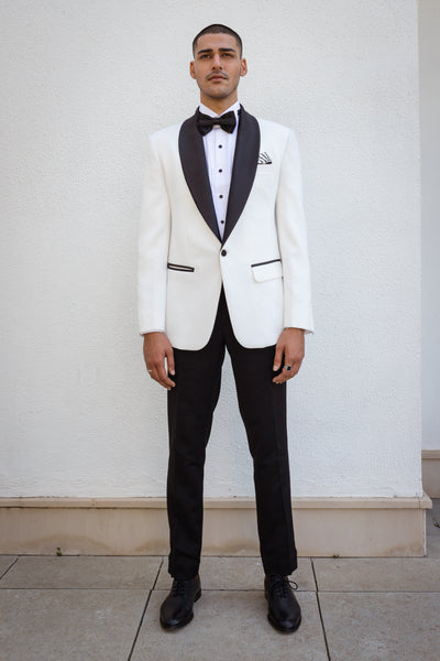 White Tux Jacket With Black Shawl Lapel.