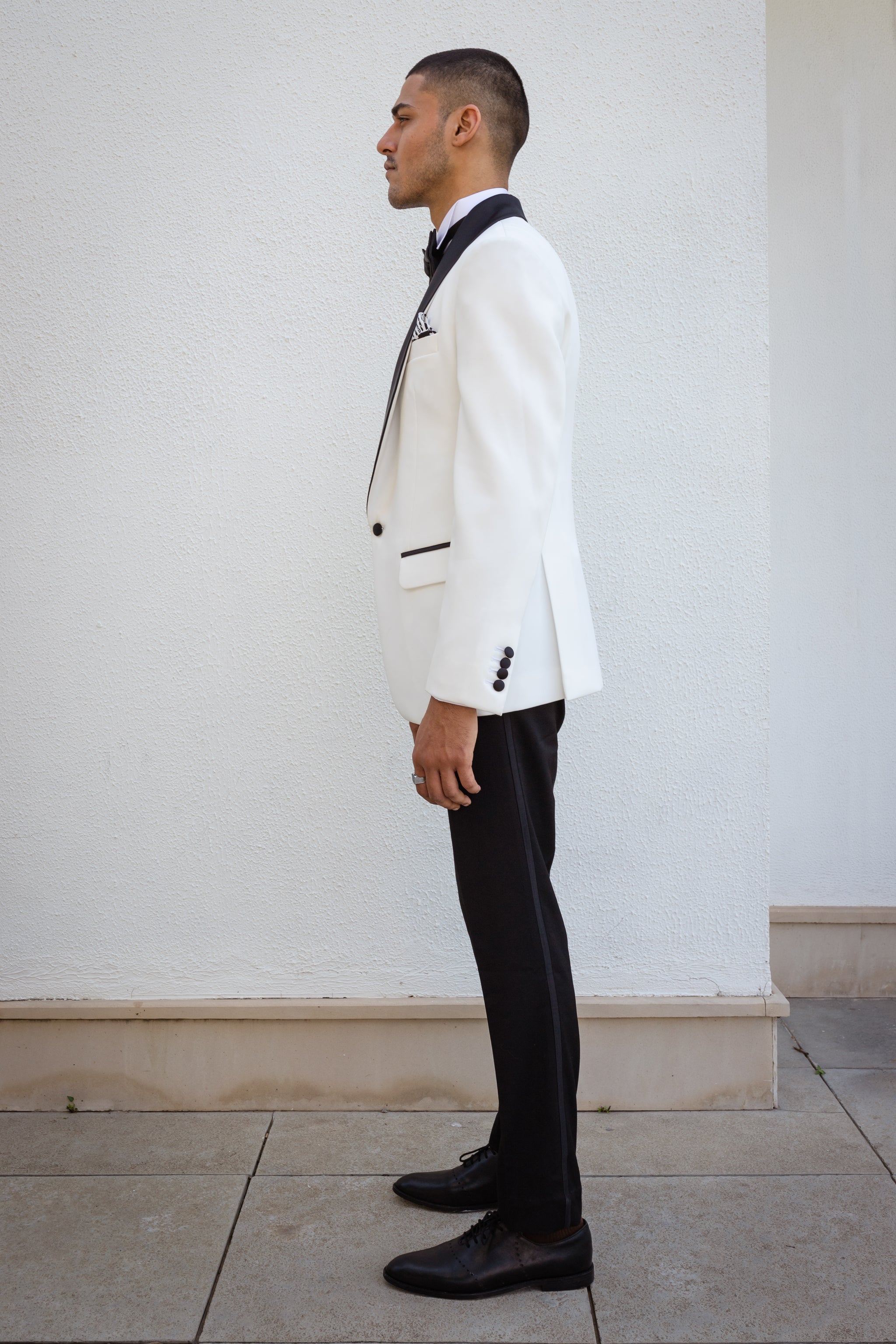 White Tux Jacket With Black Shawl Lapel.