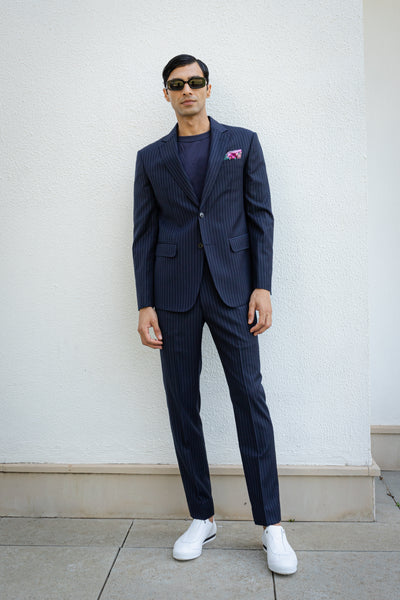 Classic Navy Blue Suit With White Bands.