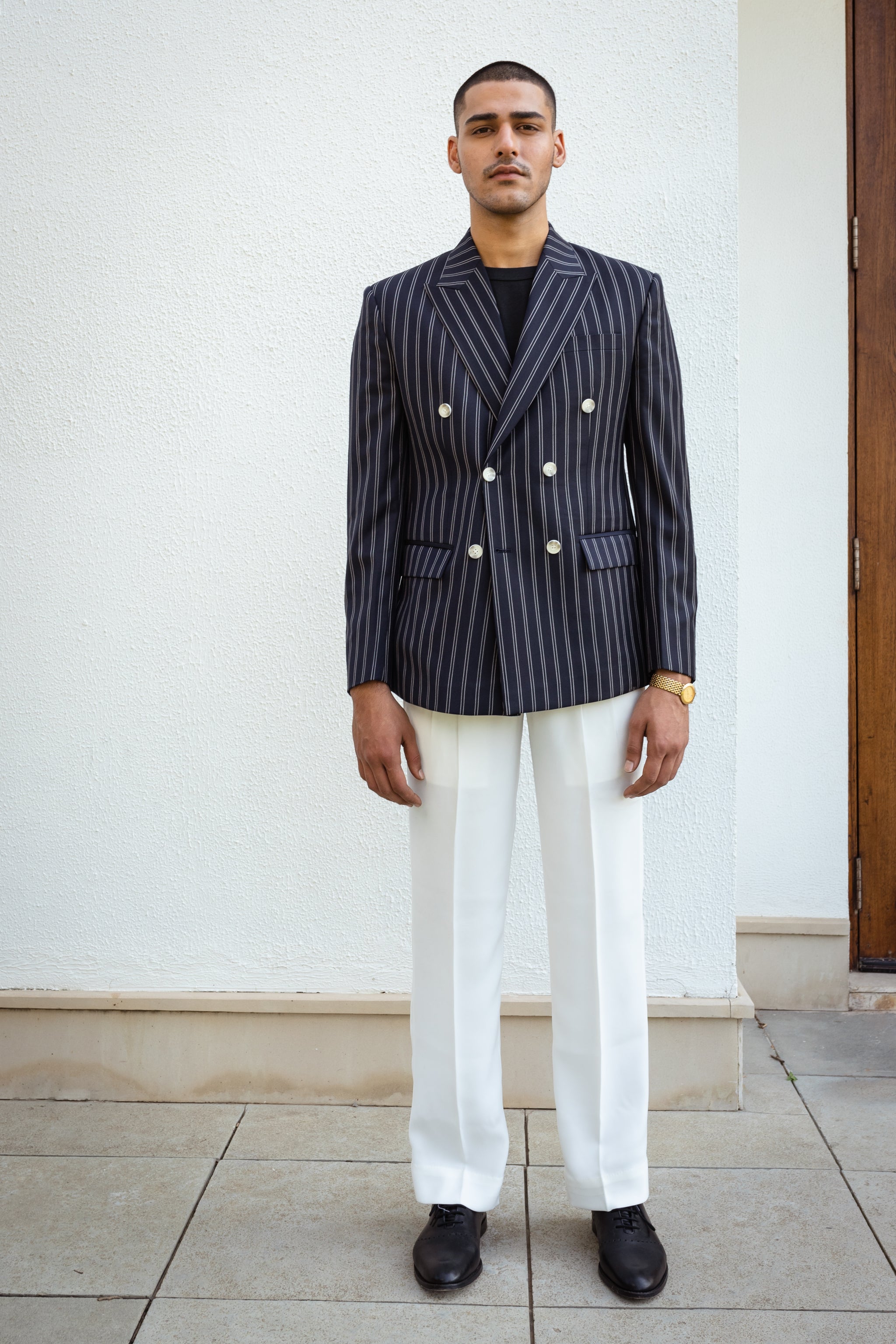 Navy Blue Double Breasted Striped Blazer.