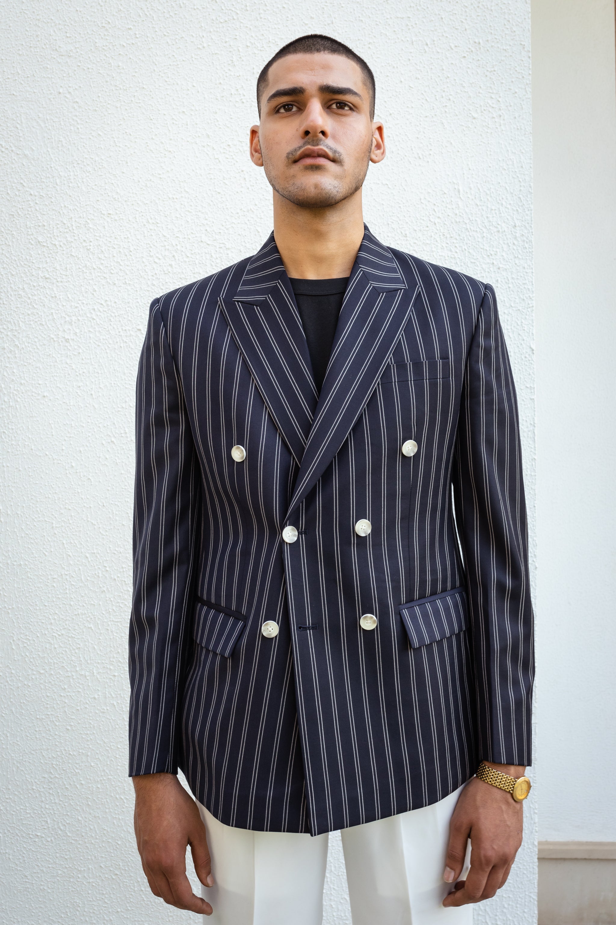 Navy Blue Double Breasted Striped Blazer.
