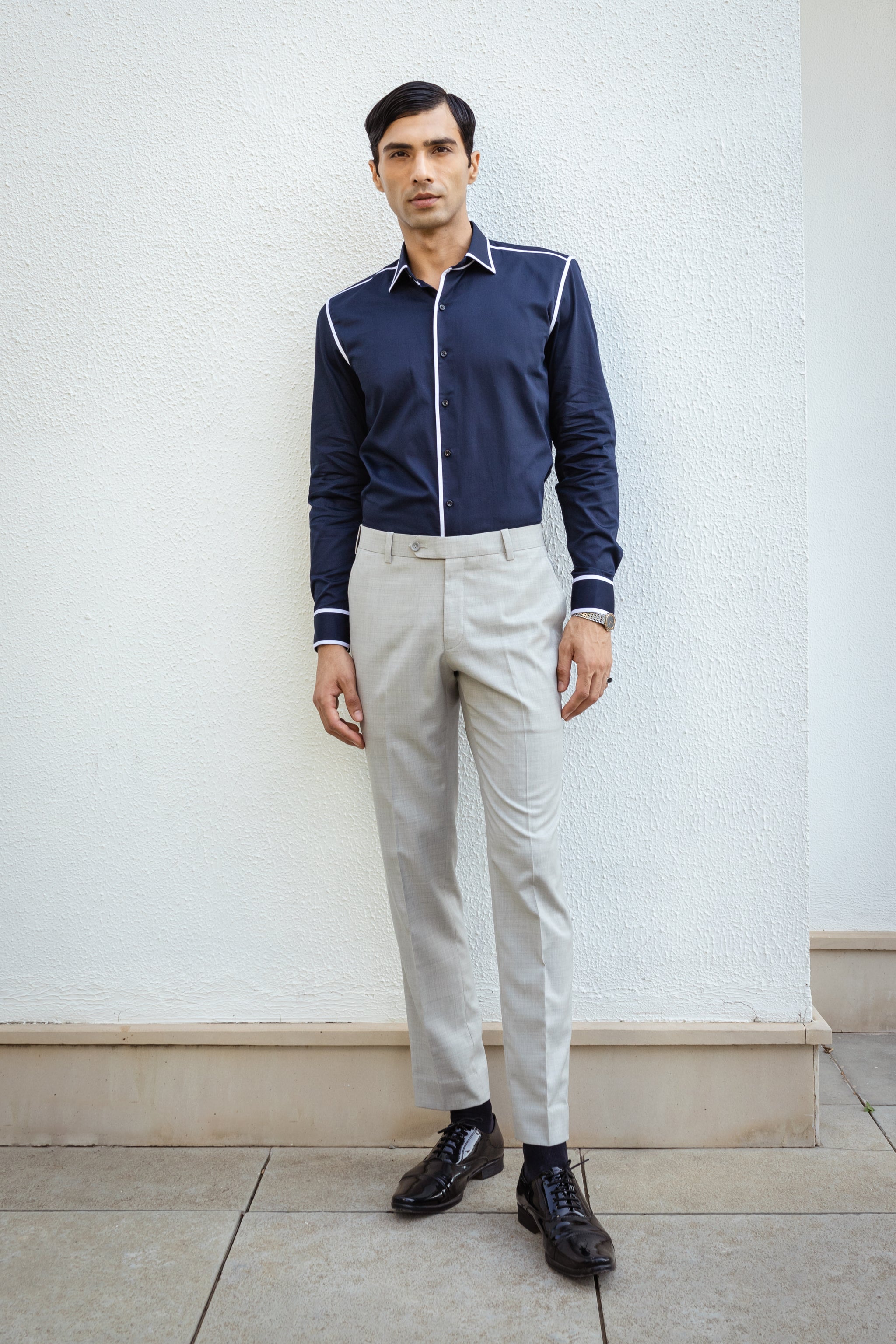 Navy Blue Shirt With White Line Detailing.