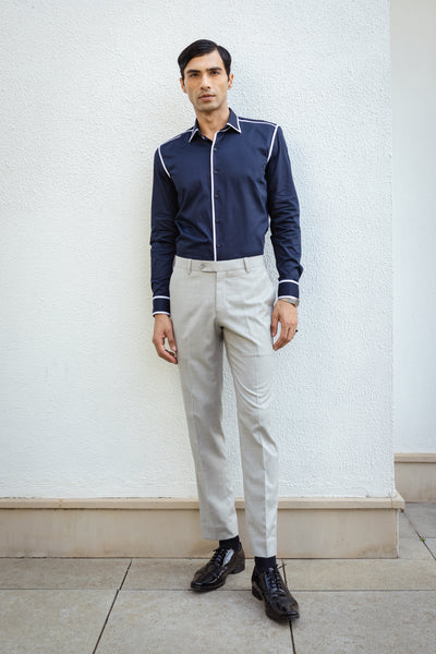 Navy Blue Shirt With White Line Detailing.