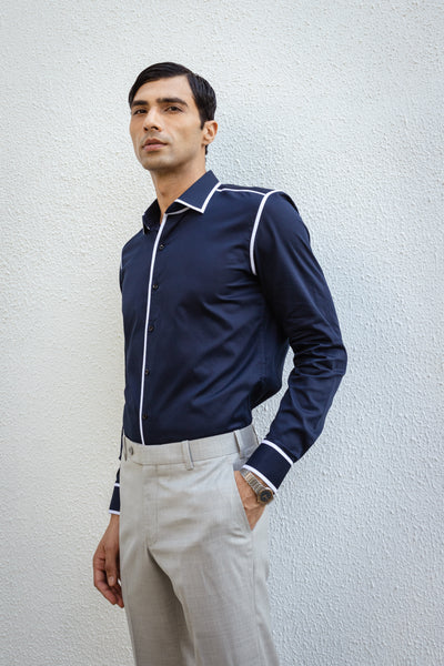 Navy Blue Shirt With White Line Detailing.