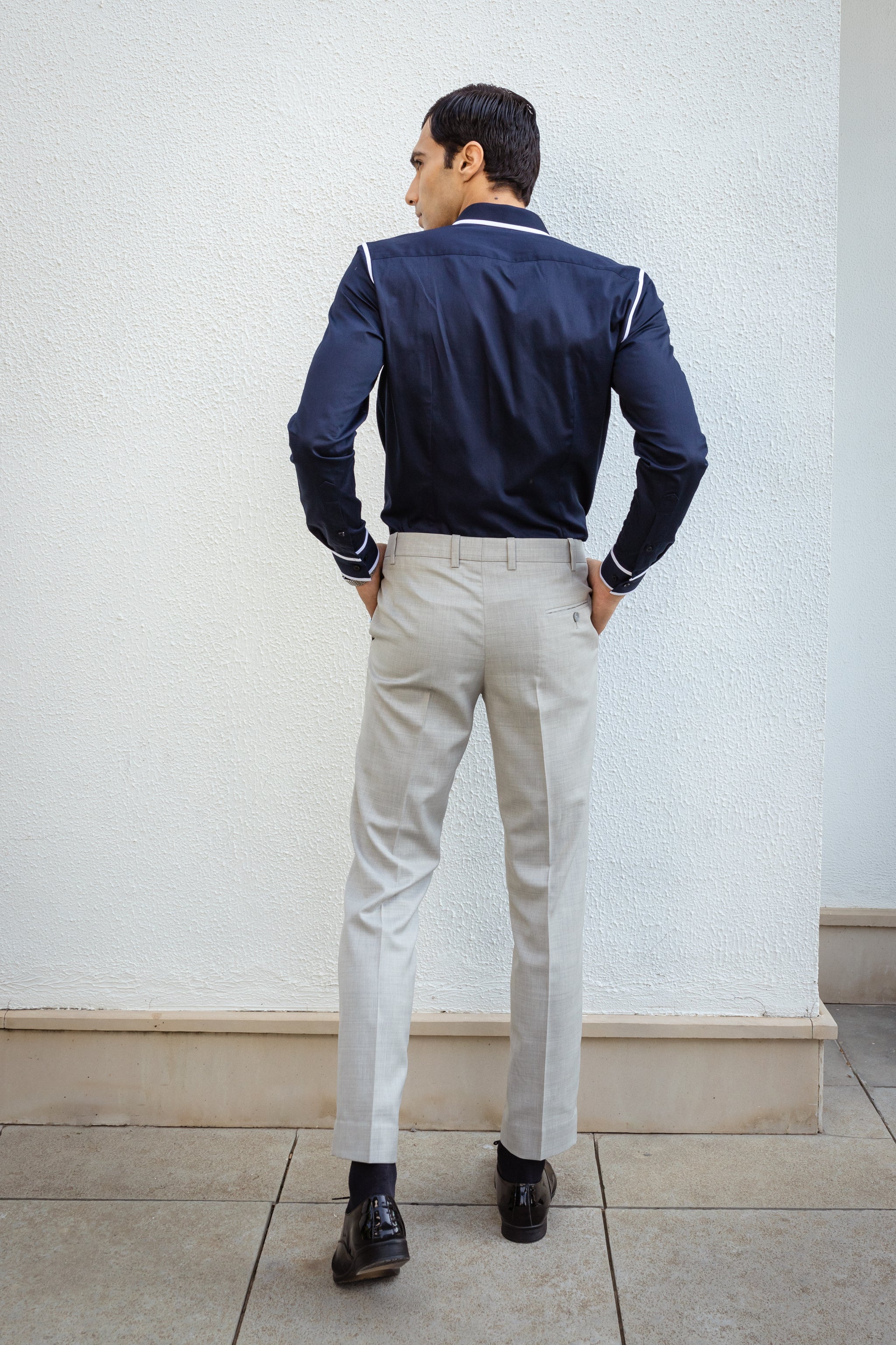 Navy Blue Shirt With White Line Detailing.