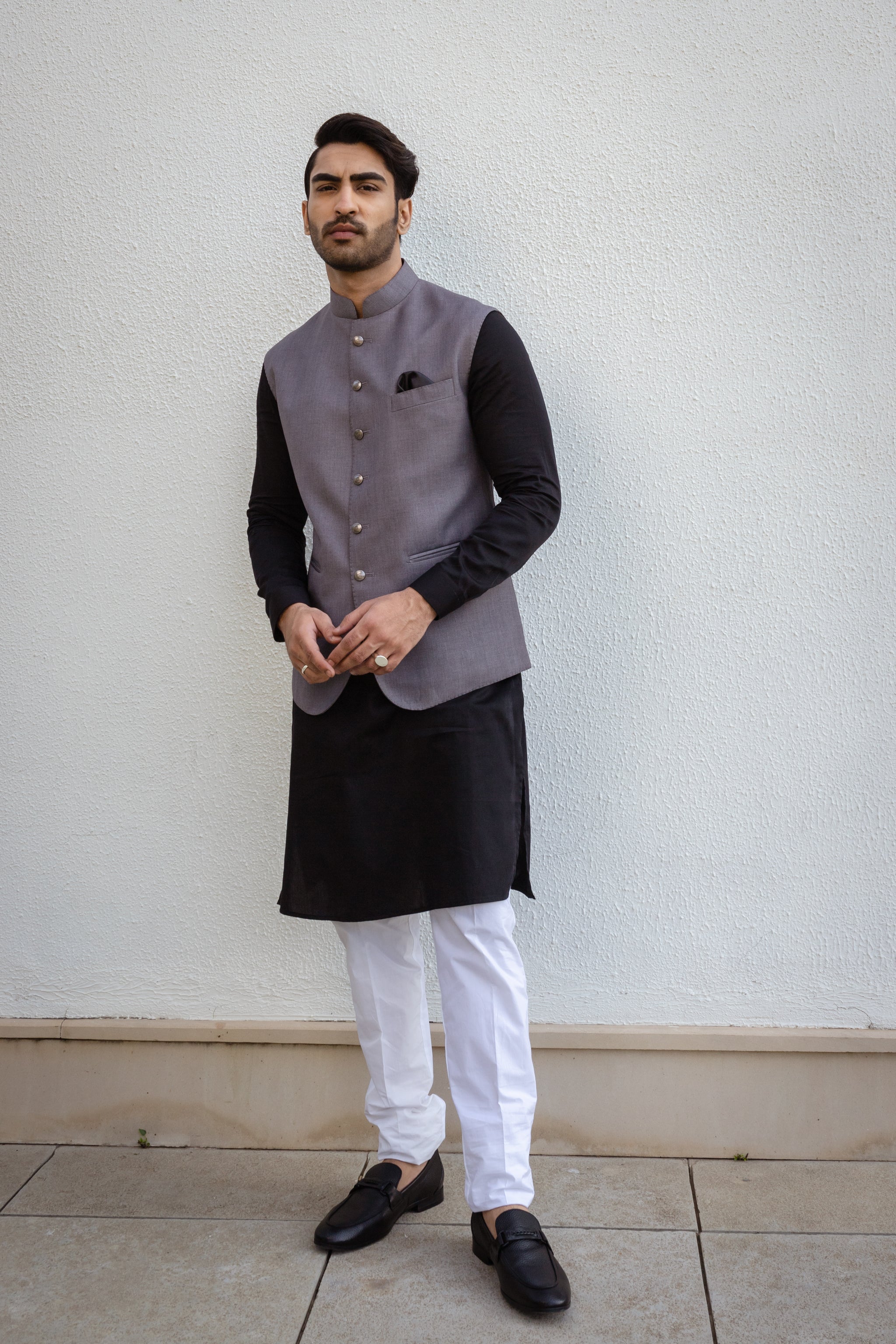 Silver Grey Raw Silk Nehru Jacket With Solid Black Kurta – Minizmo
