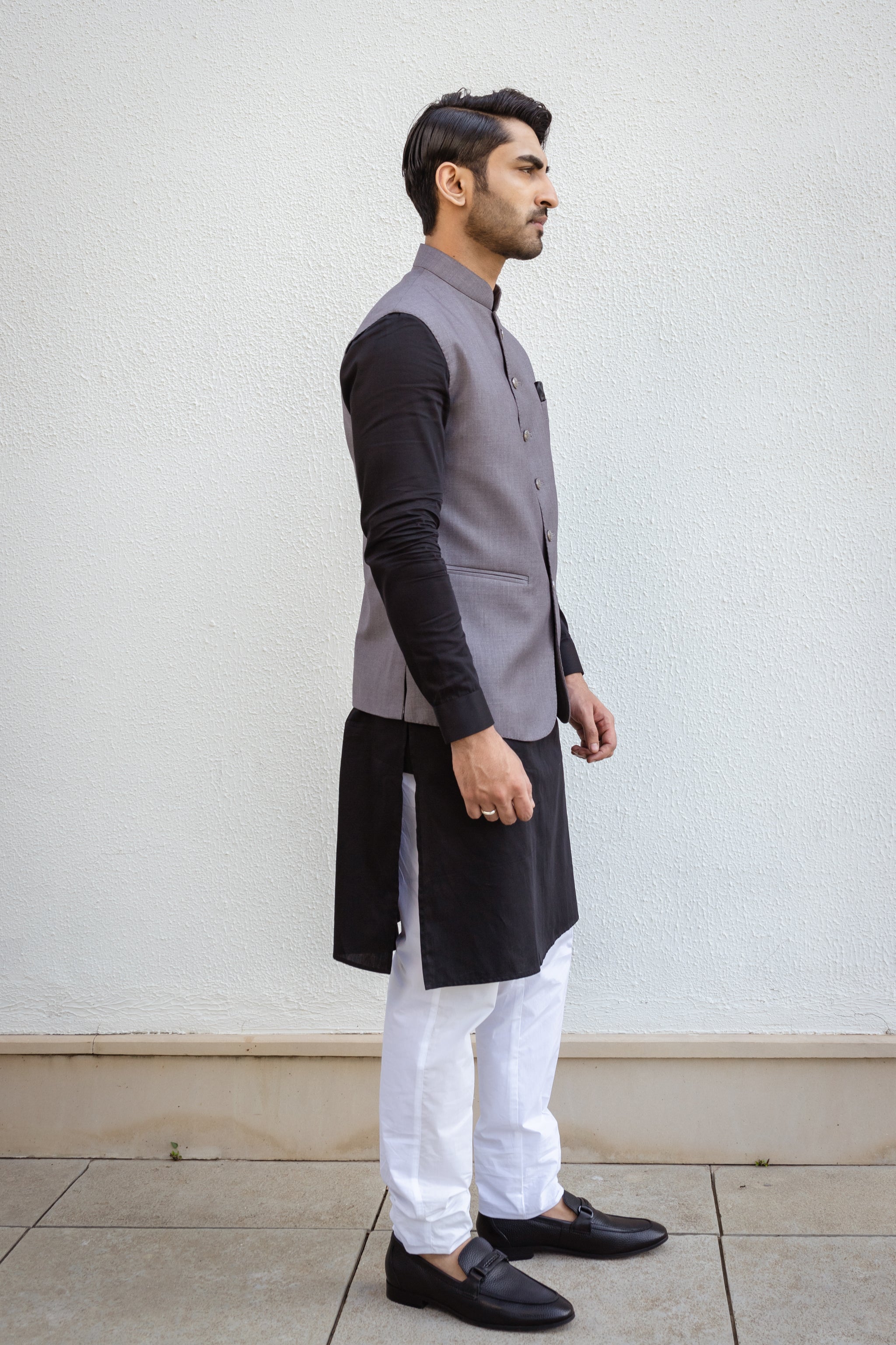 Silver Grey Raw Silk Nehru Jacket With Solid Black Kurta