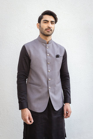 Silver Grey Raw Silk Nehru Jacket With Solid Black Kurta