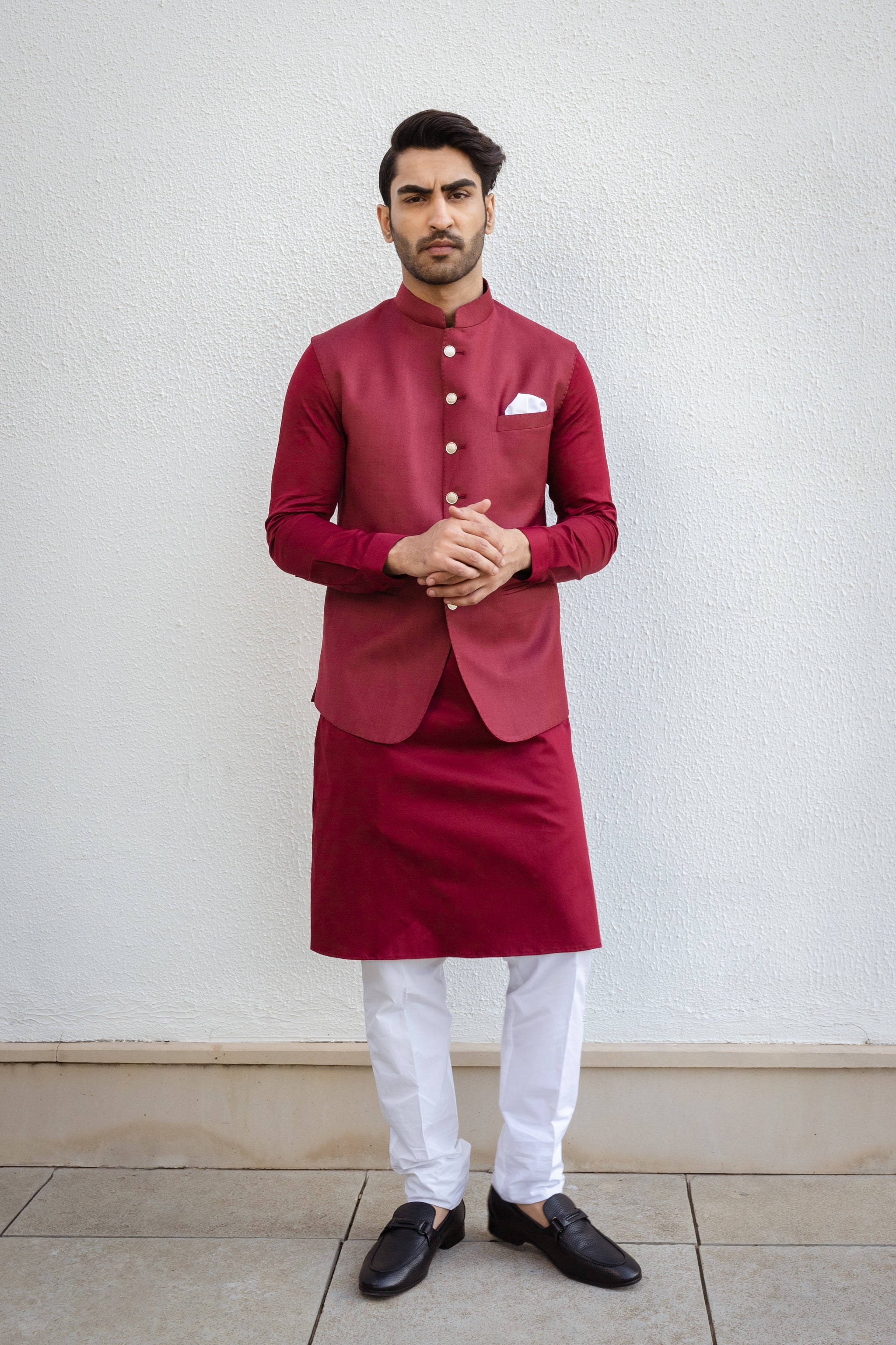 Maroon Tone-On-Tone Nehru Jacket And Kurta Set.