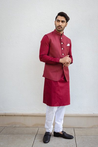 Maroon Tone-On-Tone Nehru Jacket And Kurta Set.