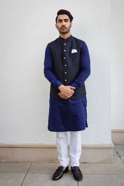 Blue Cotton Satin Kurta With Solid Nehru Jacket.