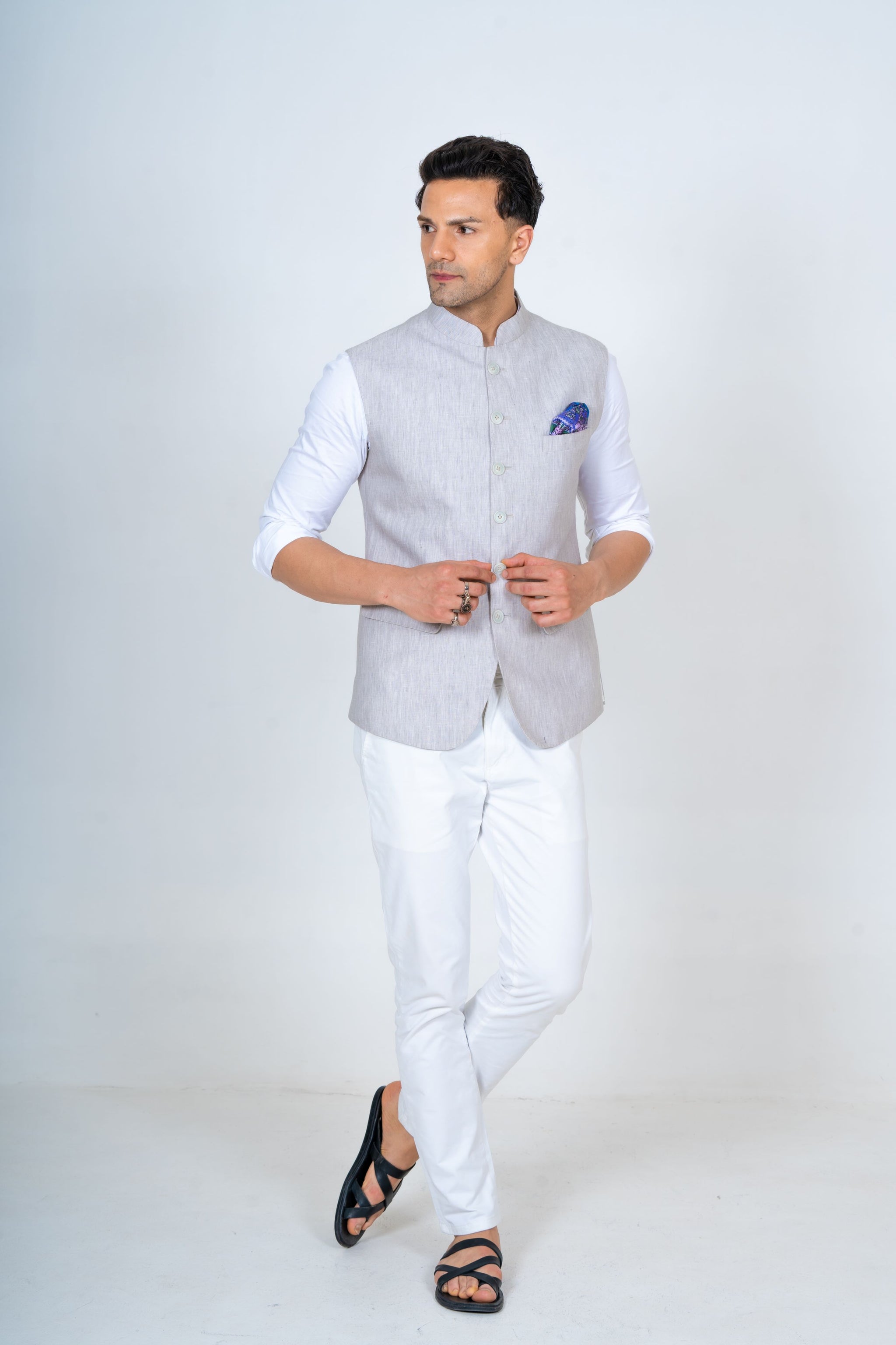 Summer grey linen Nehru Jacket
