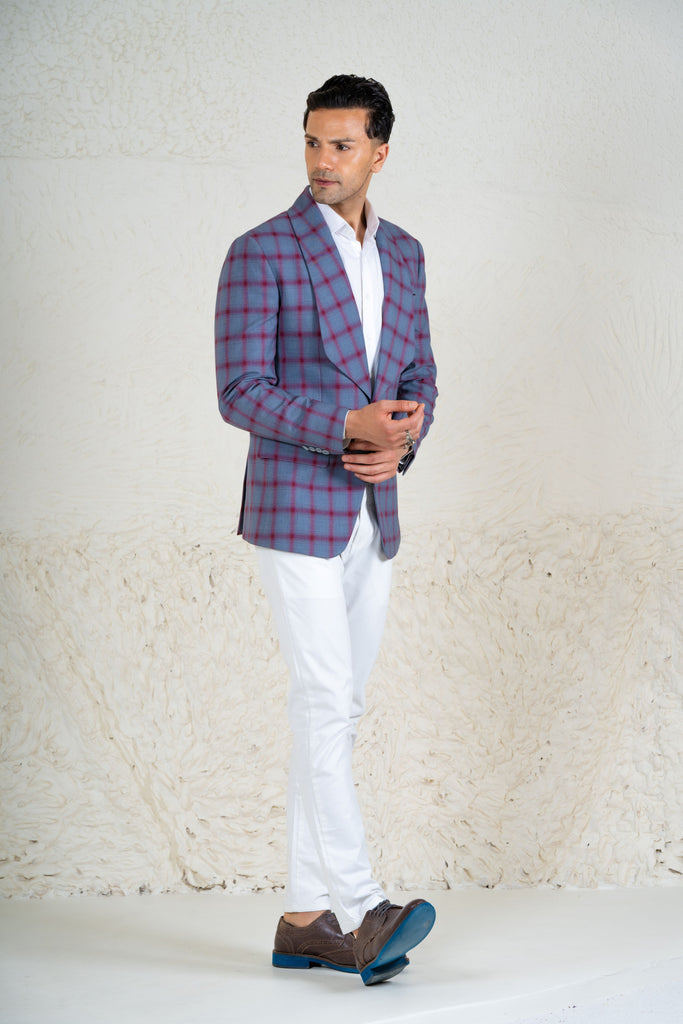 Checks Grey/Wine Linen Blazer