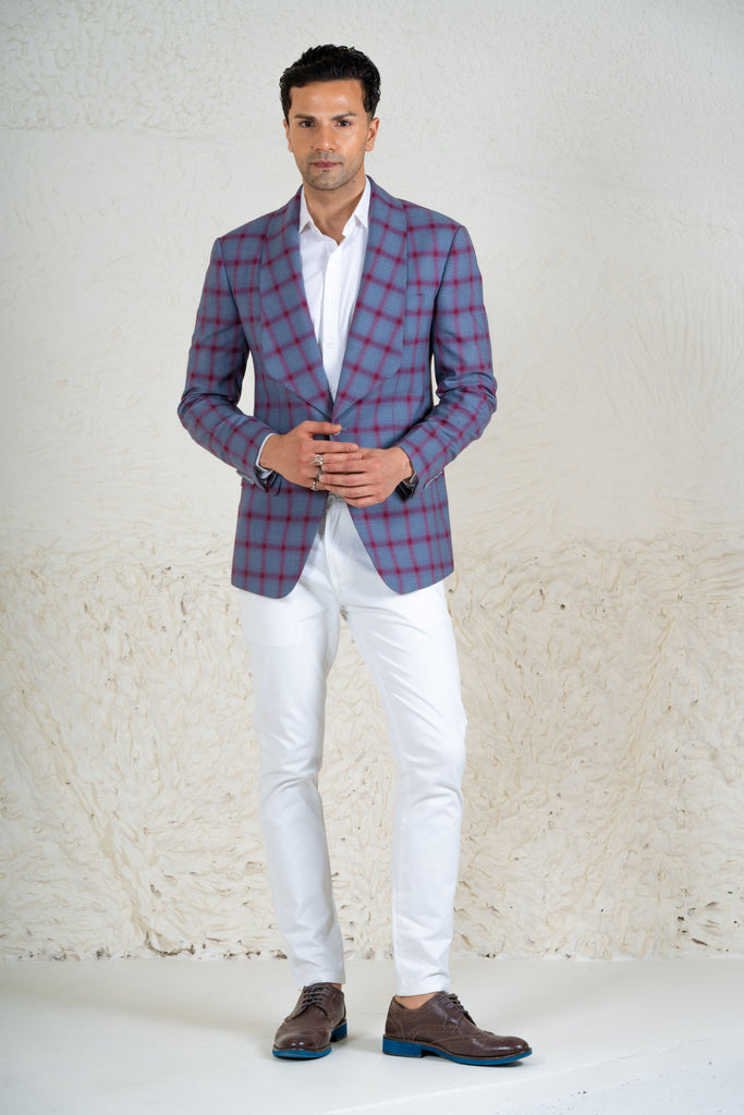 Checks Grey/Wine Linen Blazer