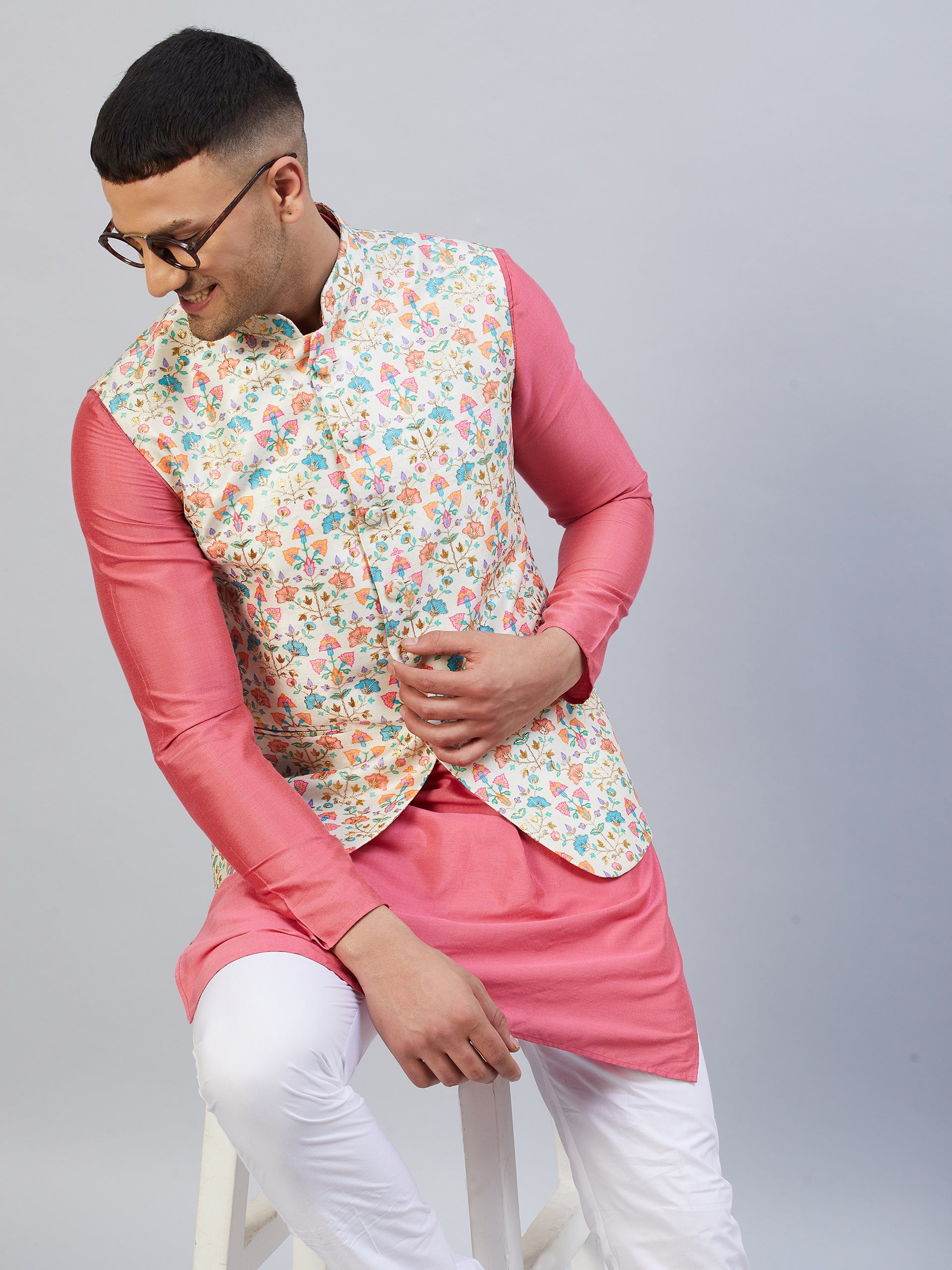 Off White Embroidered Nehru Jacket