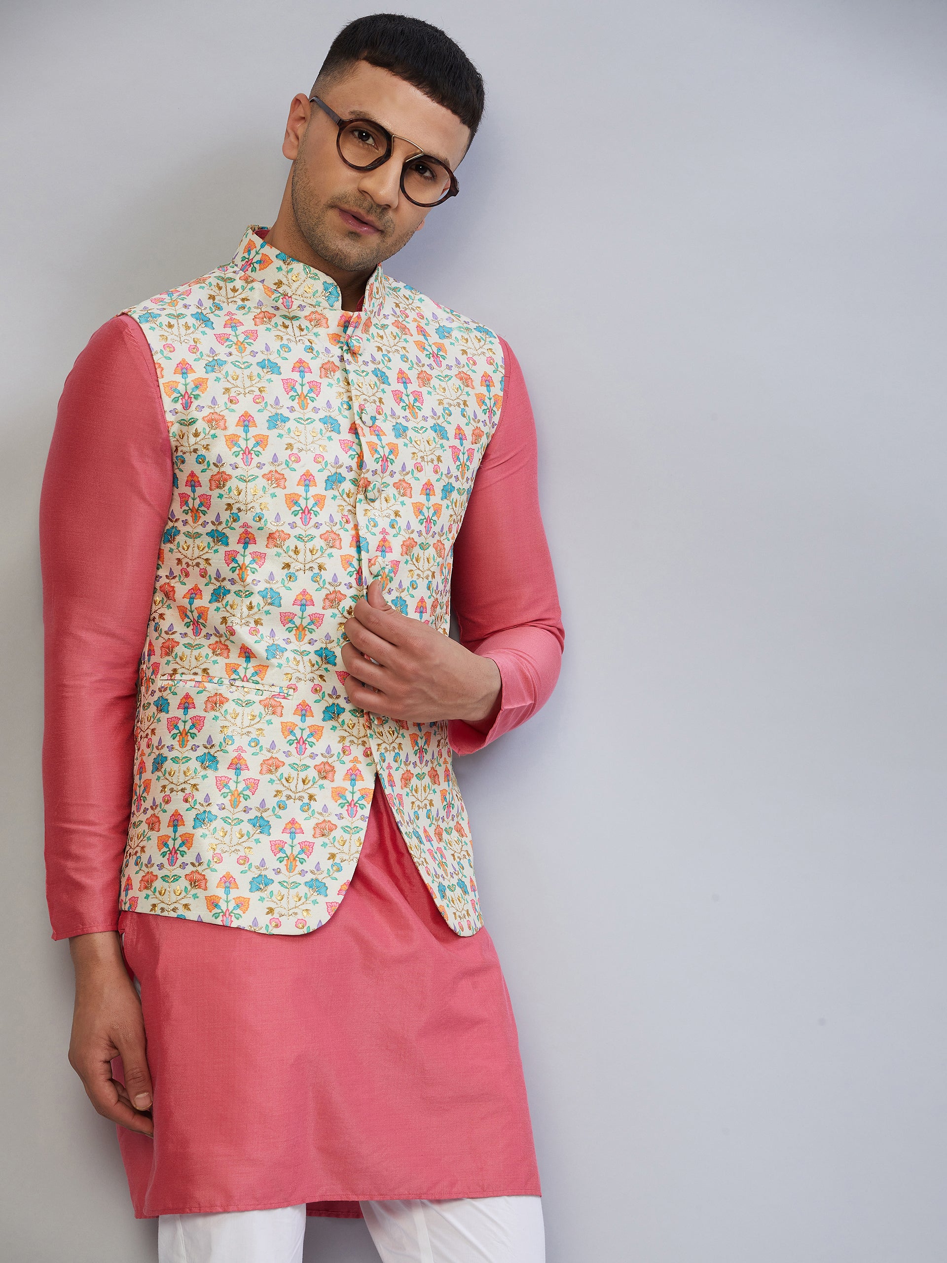 Off White Embroidered Nehru Jacket
