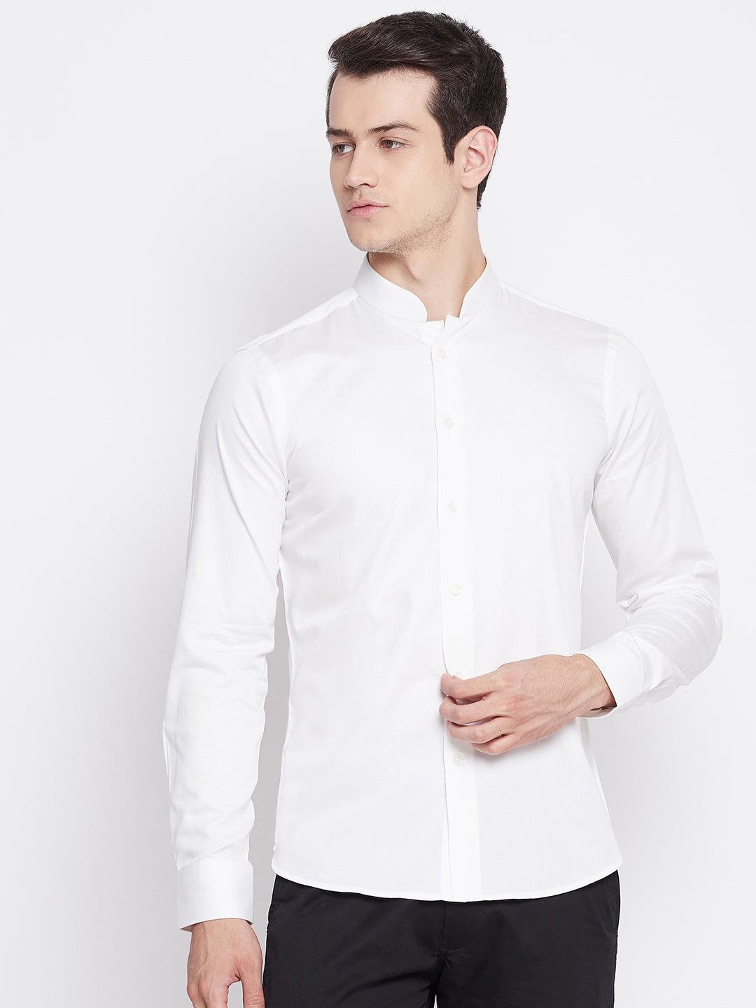 Powder White Satin Cotton Shirt with Mandarin Collar