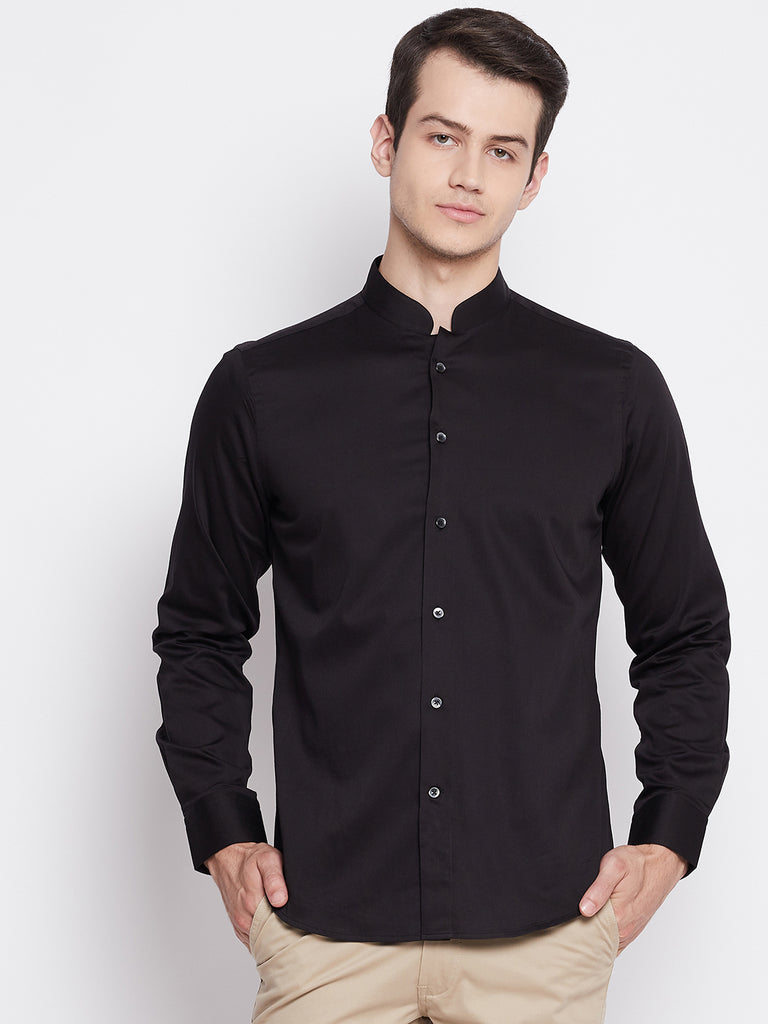 Jet Black Satin Cotton Dress Shirt with Mandarin Collar