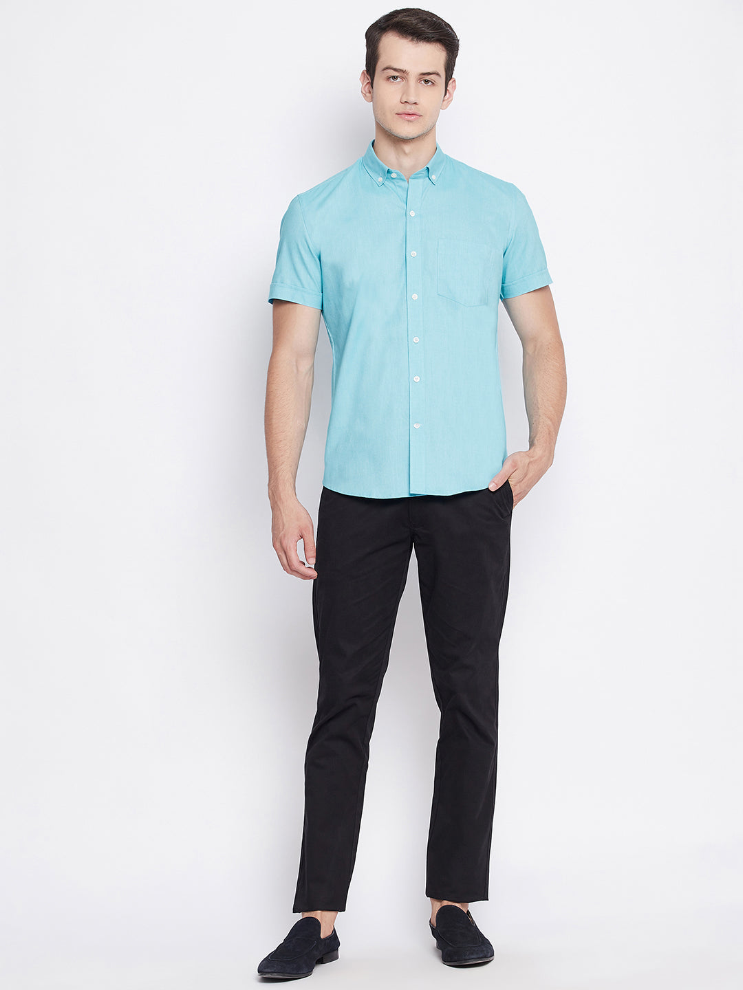 Turquoise Blue Oxford Cotton Half Sleeve Shirt