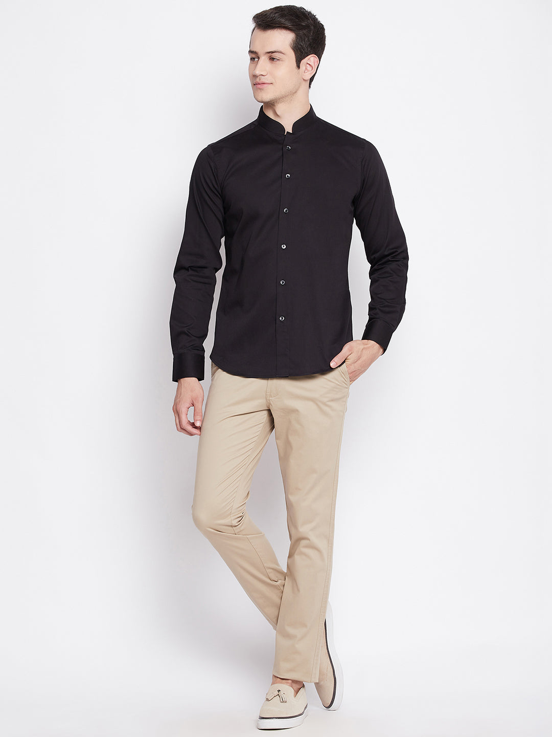Jet Black Satin Cotton Dress Shirt with Mandarin Collar Minizmo Jet Black Satin Cotton Dress Shirt with Mandarin Collar Minizmo