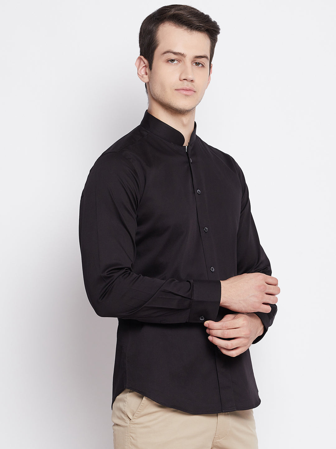 Jet Black Satin Cotton Dress Shirt with Mandarin Collar