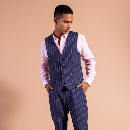 Nautical Blue Pinstriped Linen Waistcoat