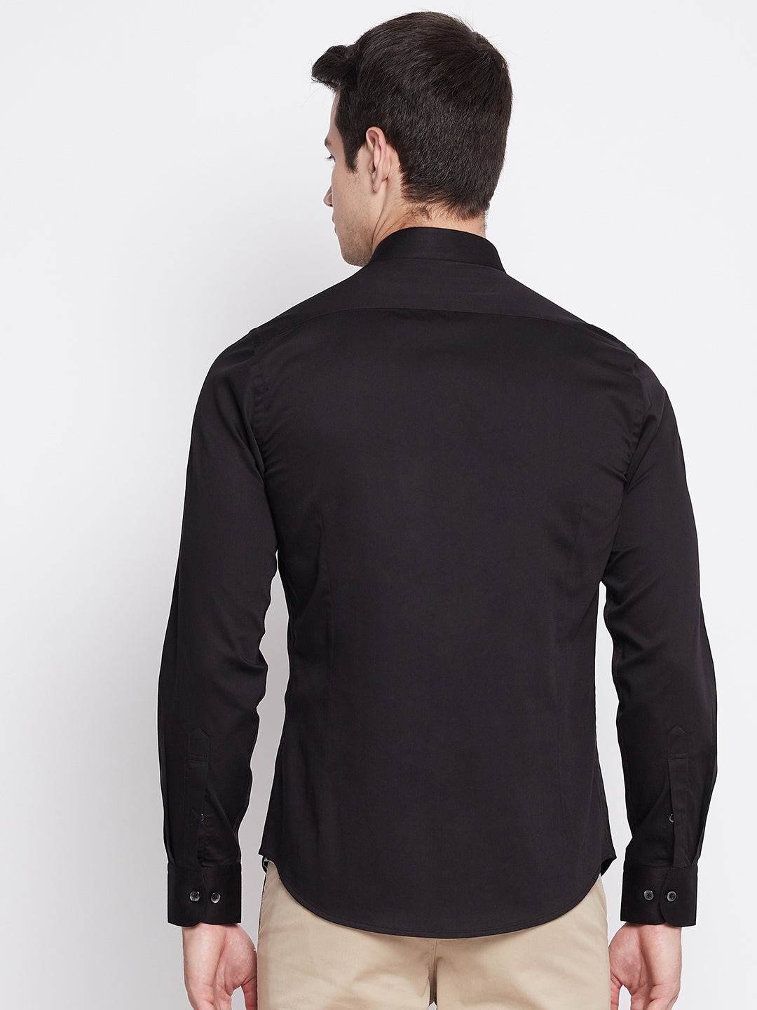 Jet Black Satin Cotton Dress Shirt with Mandarin Collar