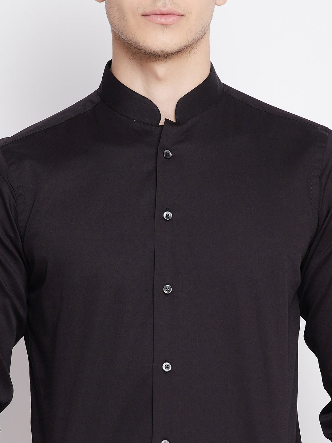 Jet Black Satin Cotton Dress Shirt with Mandarin Collar