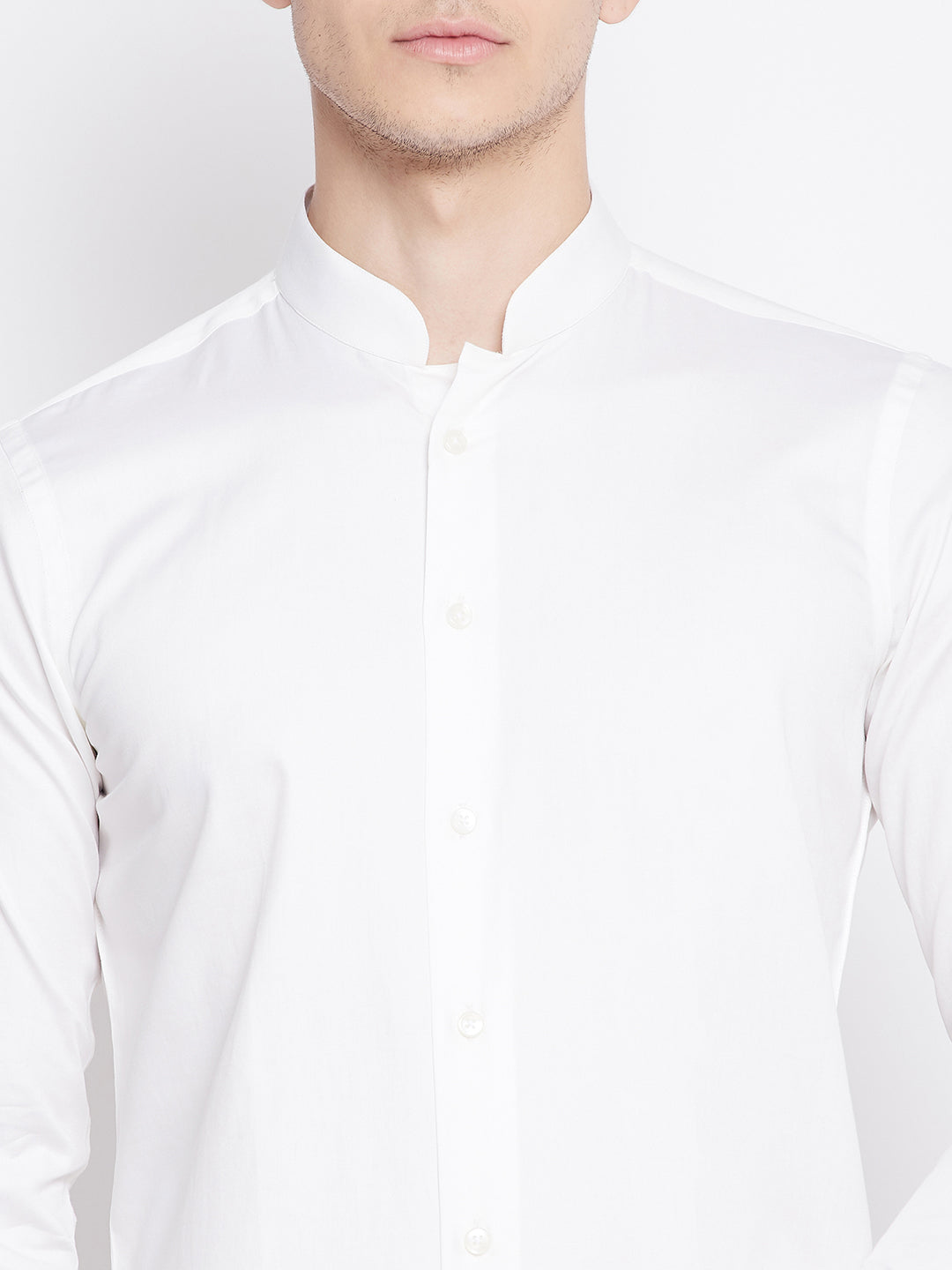 Powder White Satin Cotton Shirt with Mandarin Collar