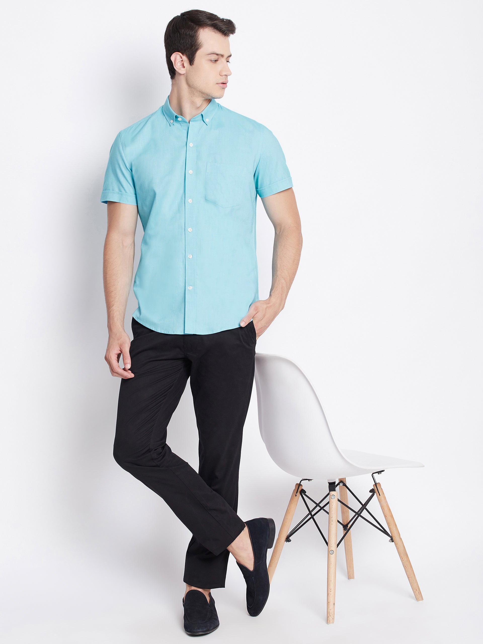 Turquoise Blue Oxford Cotton Half Sleeve Shirt