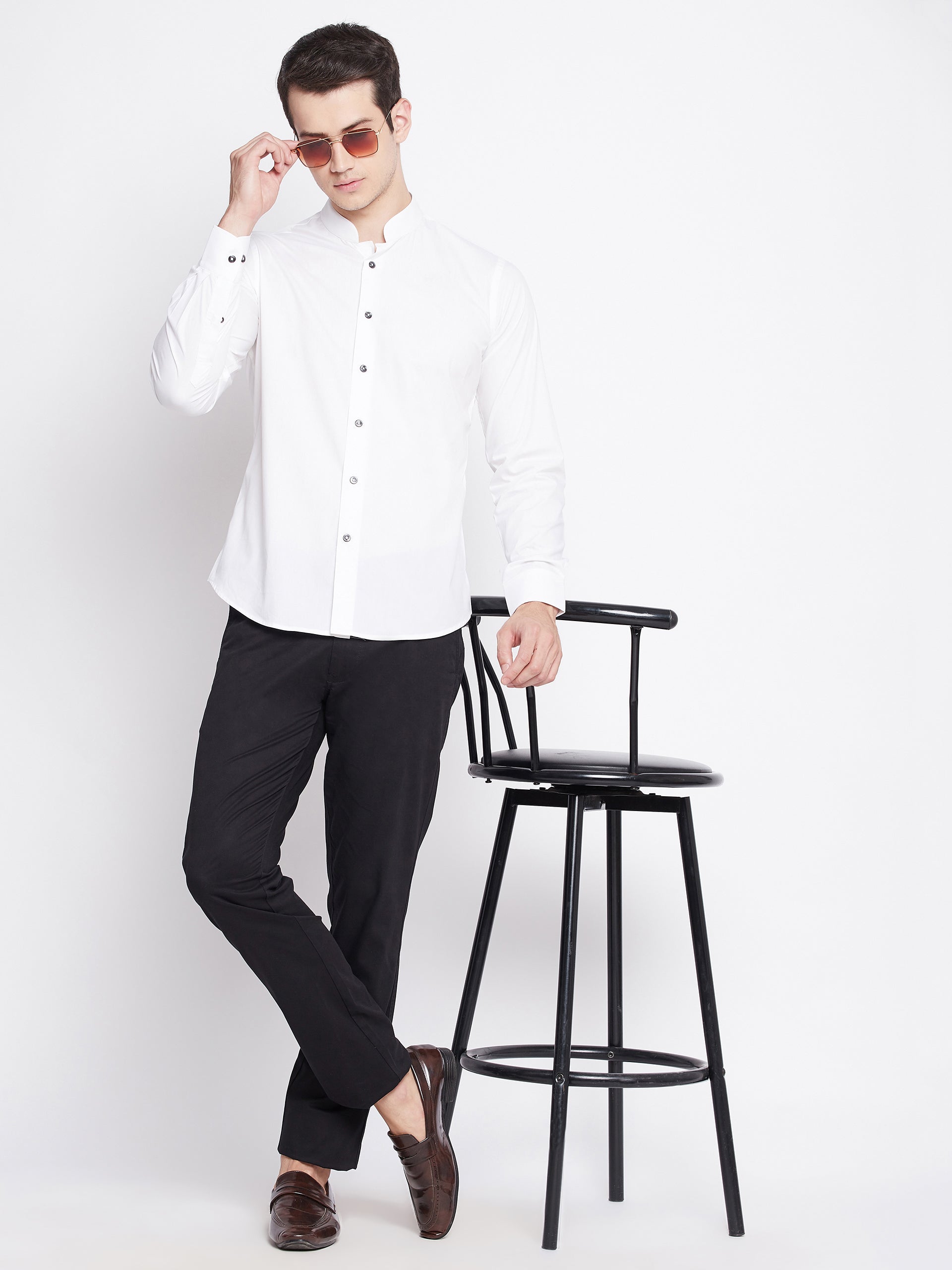 Pearl White Satin Cotton Shirt with Mandarin Collar
