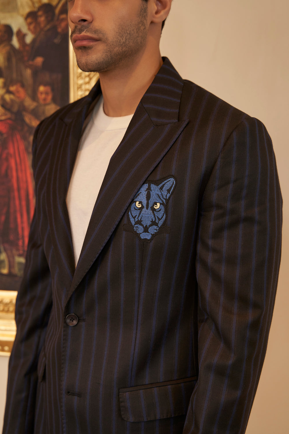 Panther Patch Black and Blue Striped Jacket