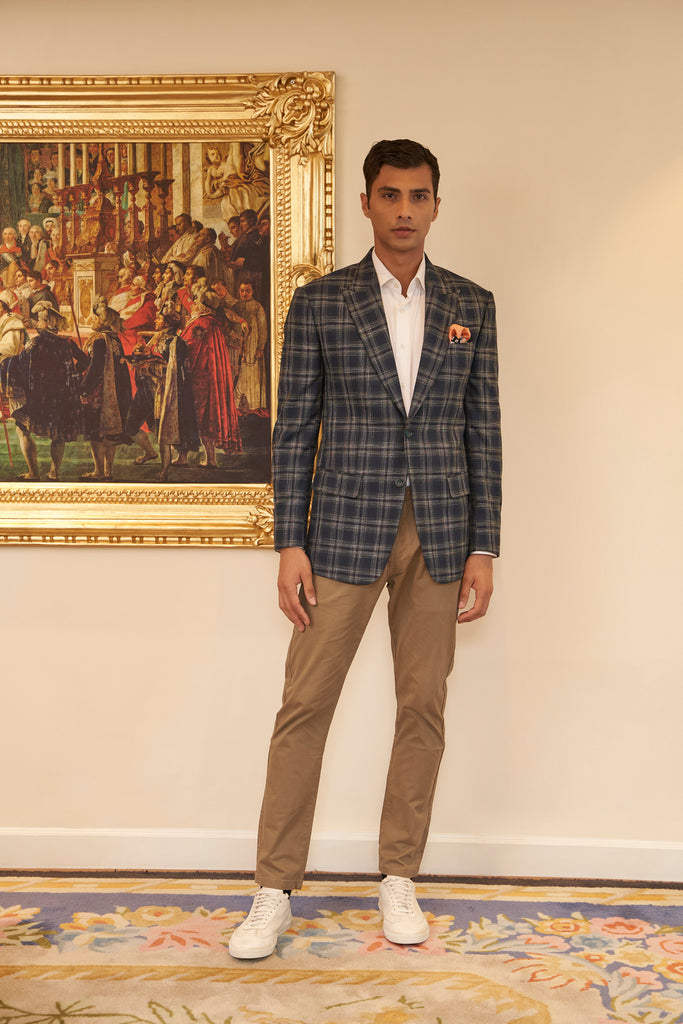 Green Blue Windowpane checks Wool Jacket