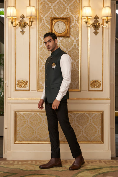 Bottle Green Nehru Jacket with Tiger Patch