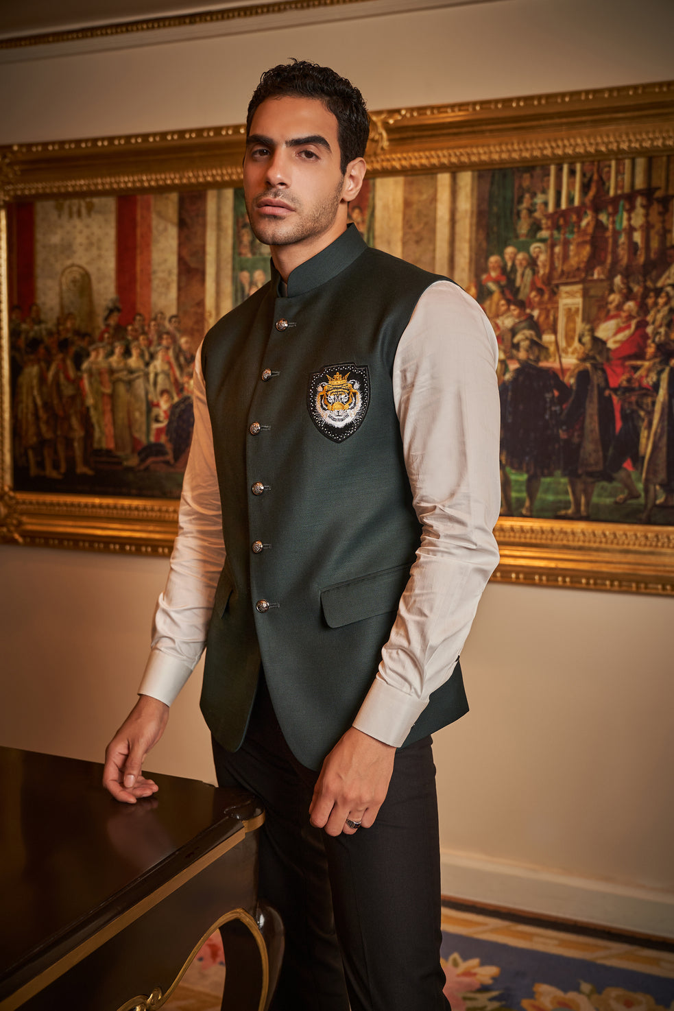 Bottle Green Nehru Jacket with Tiger Patch