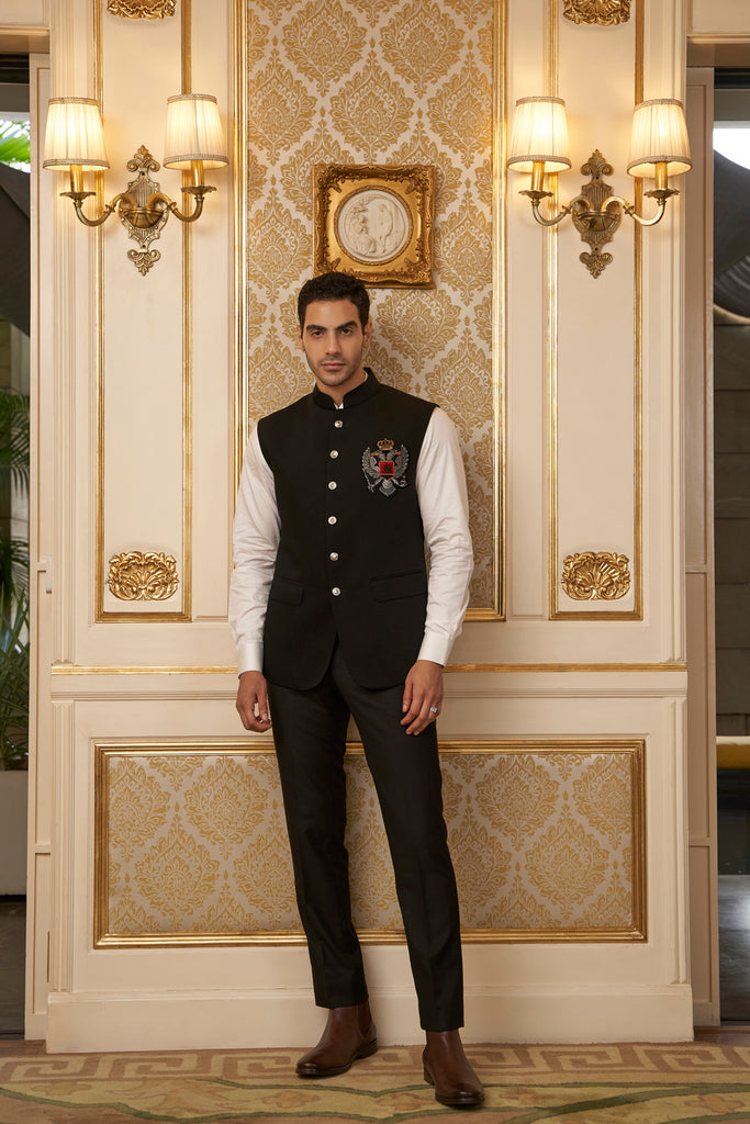 Black Nehru Jacket with Crest Patch