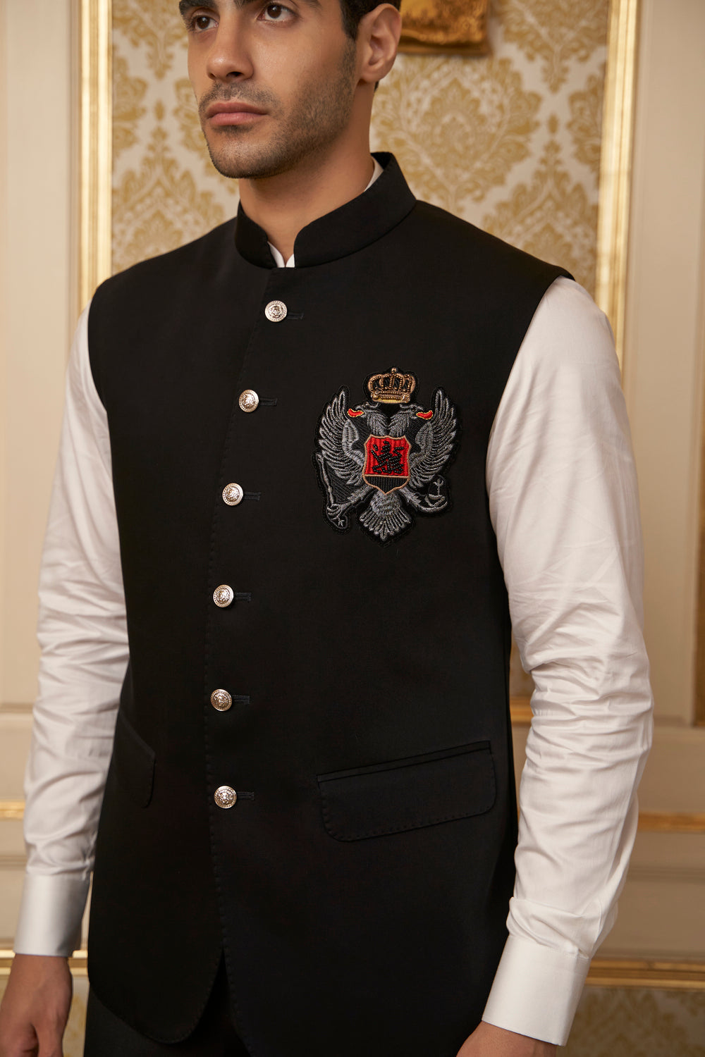 Black Nehru Jacket with Crest Patch