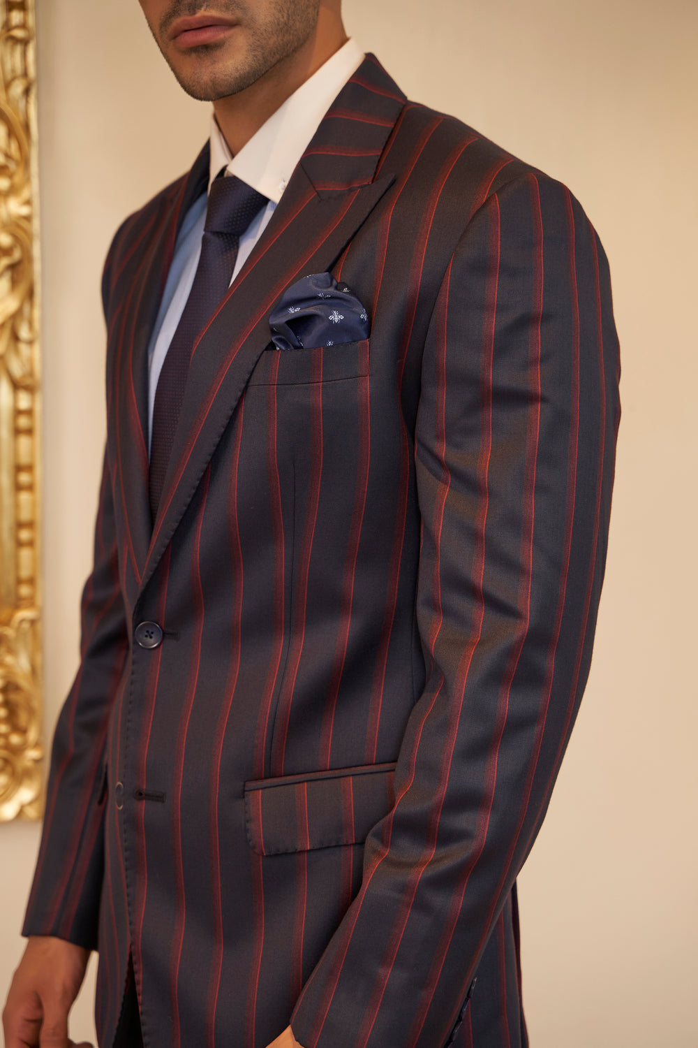 Blue and Red Striped Suit