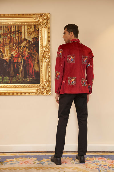 Red Bandhgala Top with Patch Embroidery