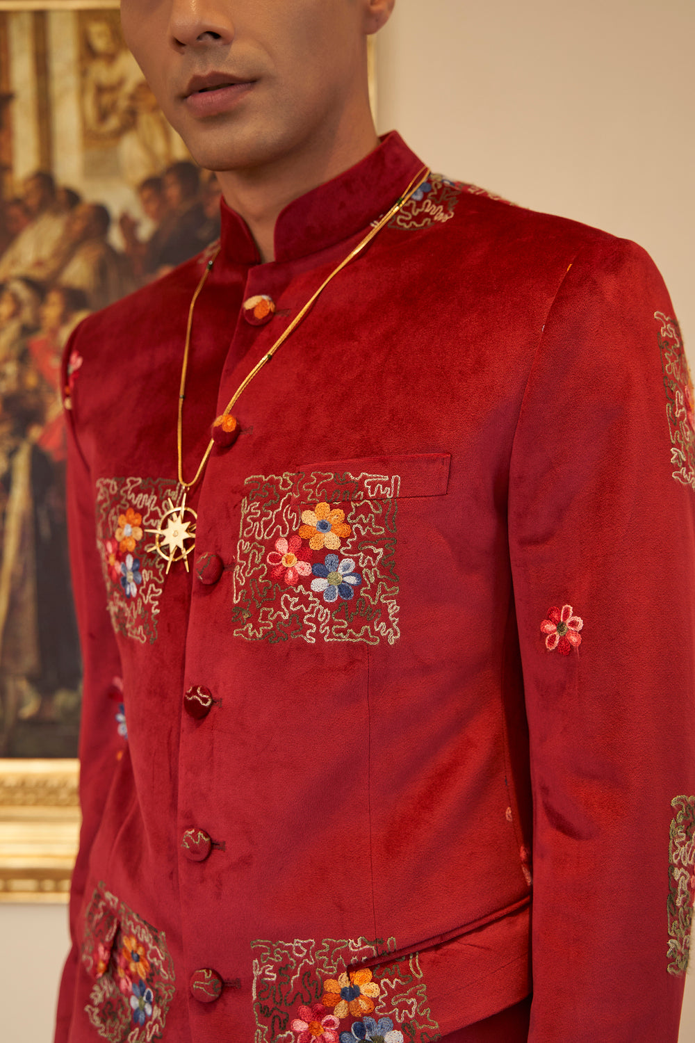 Red Bandhgala Top with Patch Embroidery