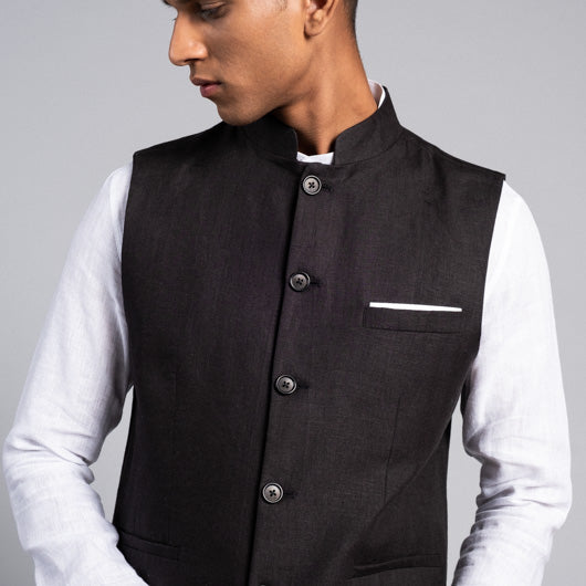 Midnight Dream Black Linen Nehru Jacket